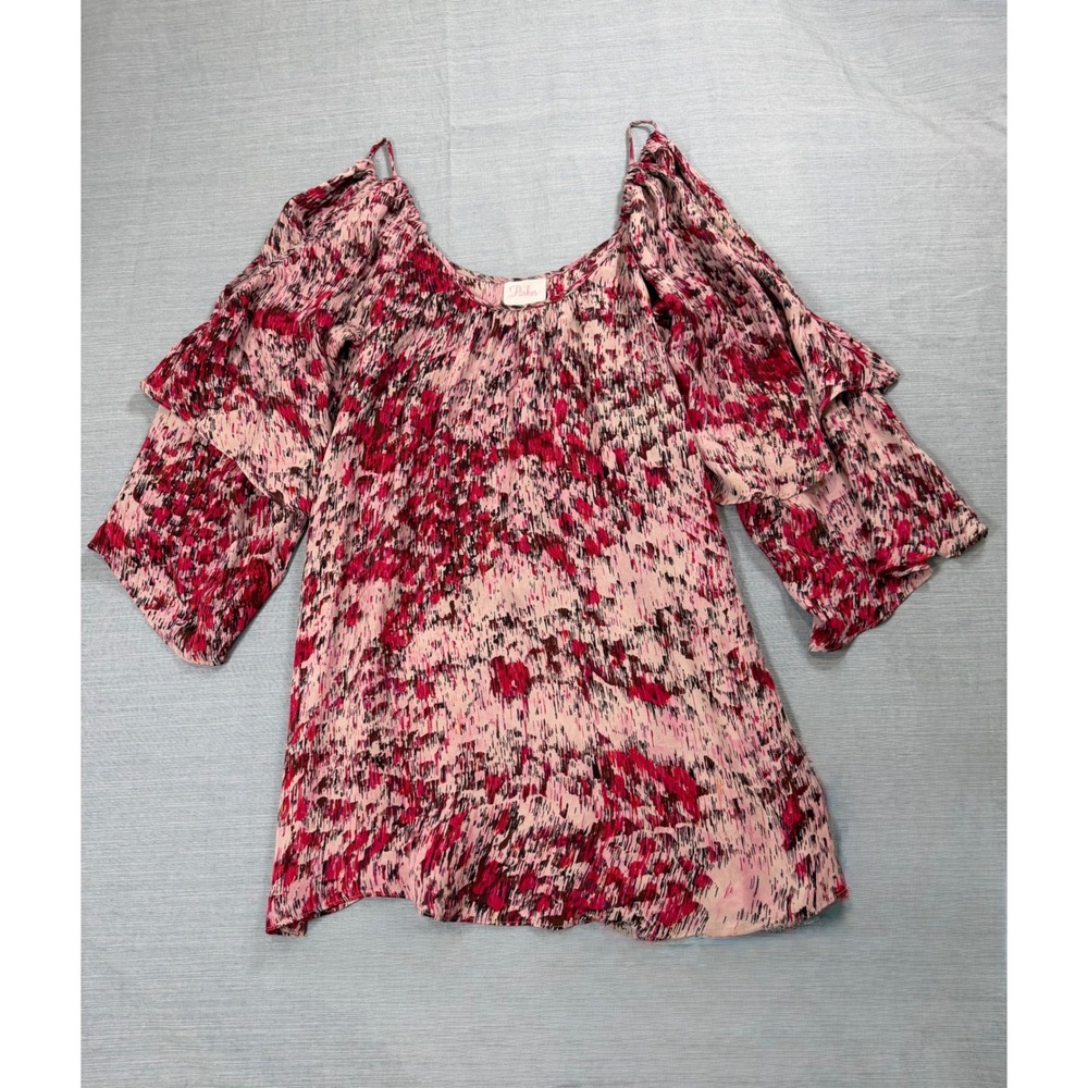 Parker 100% Silk Cold Shoulder Ruffle Sleeve Abstract Print Tunic Top XS Pink